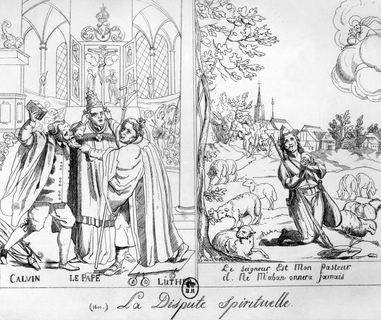 Caricature représentant une dispute spirituelle entre le pape Léon X, Martin Luther et Jean Calvin, 1838 - French School