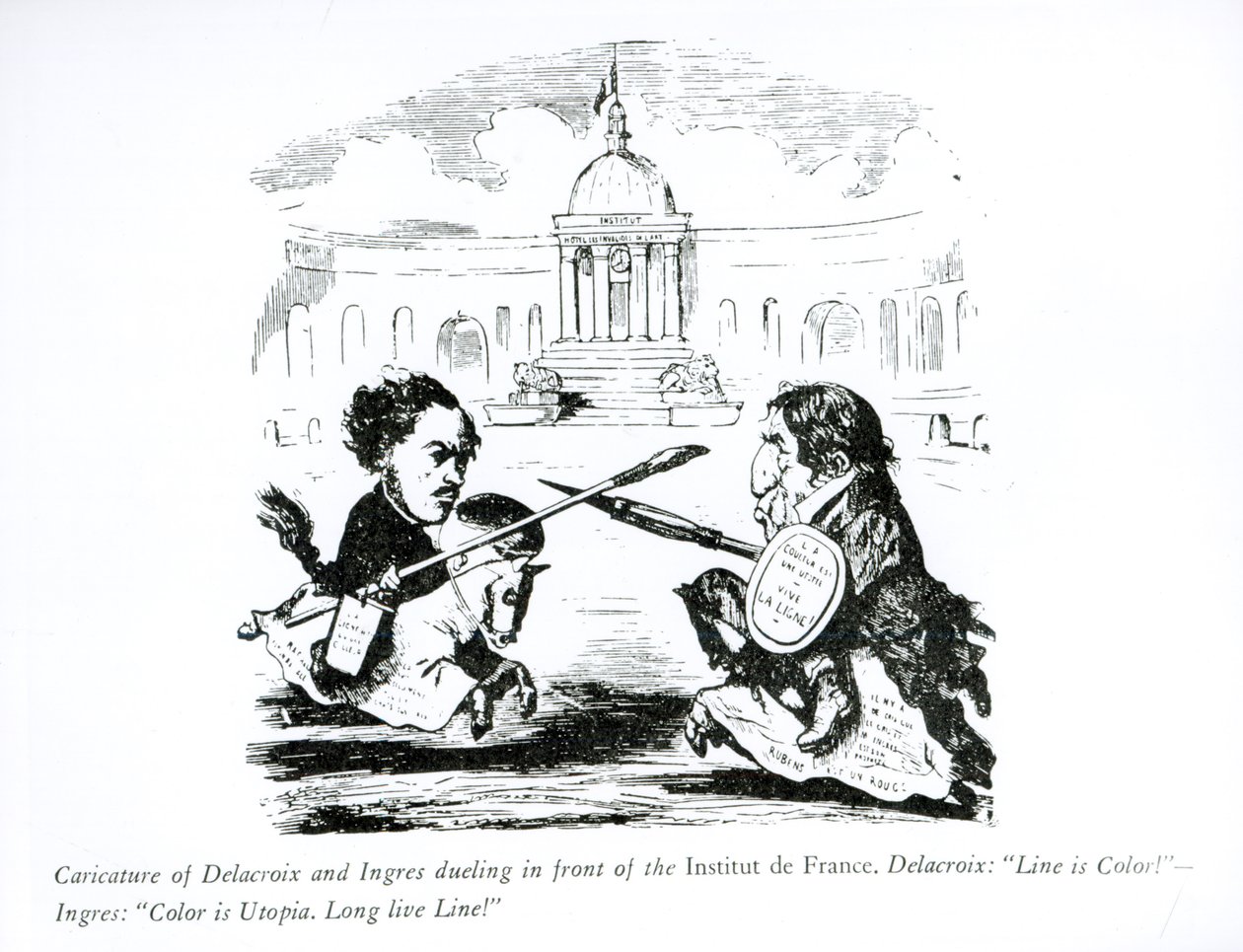 Caricature de Delacroix et Ingres se battant en duel devant l