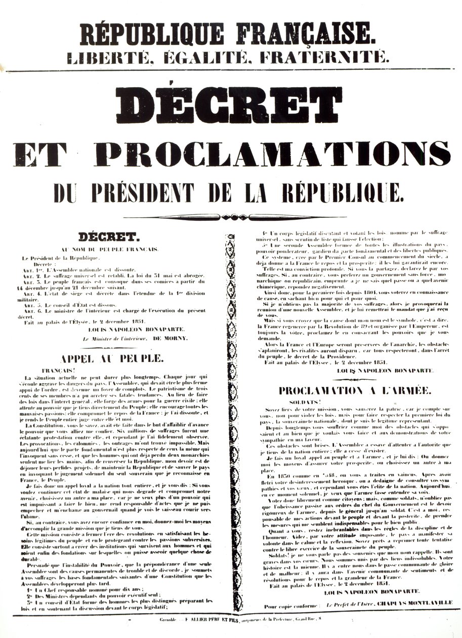 Décret et proclamation par Louis Napoléon Bonaparte III, Président de la République, 2 décembre 1851 - French School