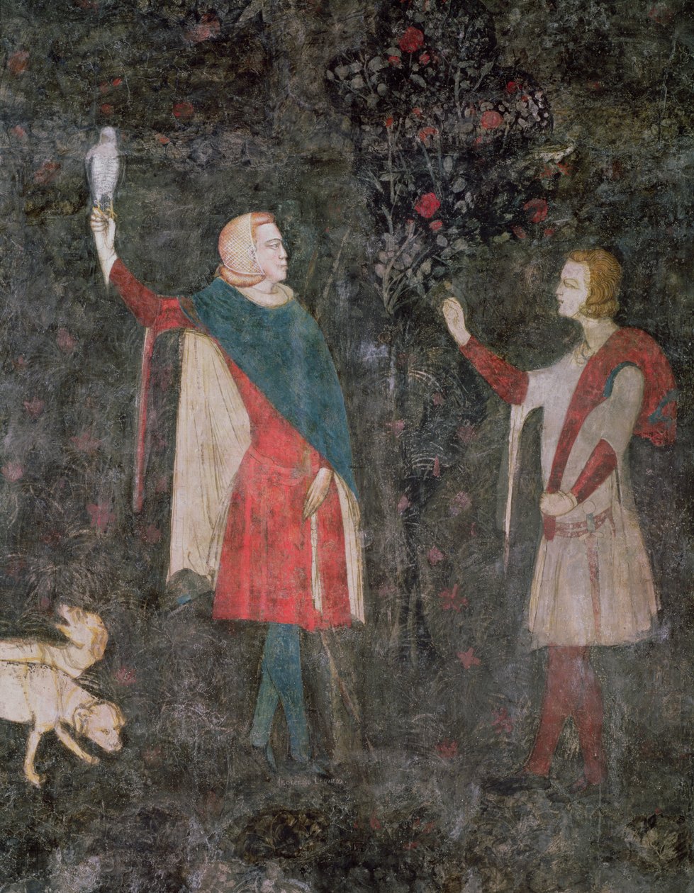 (détail) de deux fauconniers, de la Salle des Cerfs, 1343 - French School