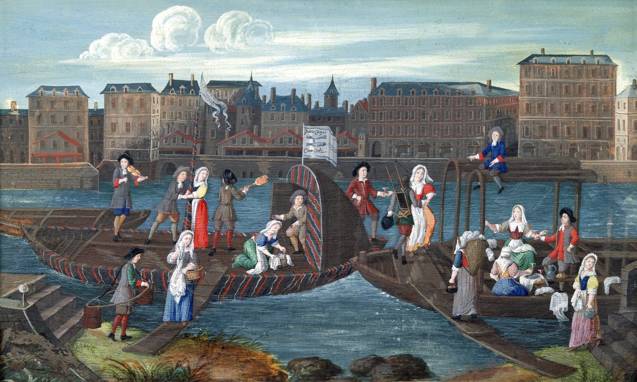 Poissonnerie et bateau-lavoir au Quai de la Mégisserie, vers 1670 - French School