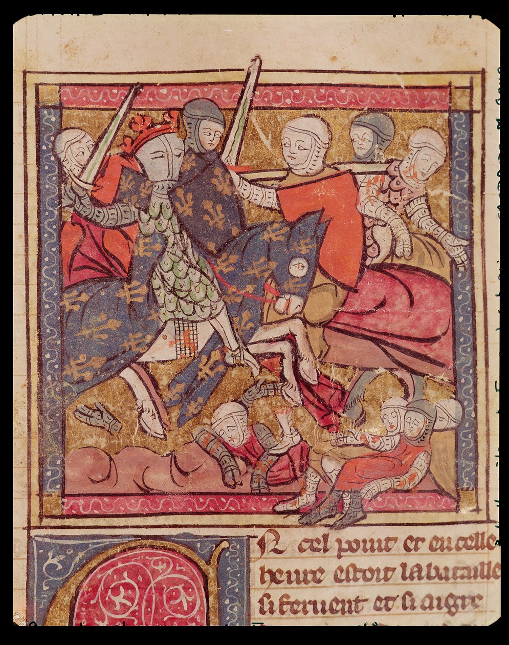 Fol.285r La Capture de Ferdinand de Portugal (1186-1233) Comte de Flandre à la Bataille de Bouvines, 27 juillet 1214, des Grandes Chroniques de France, 1375-79 - French School