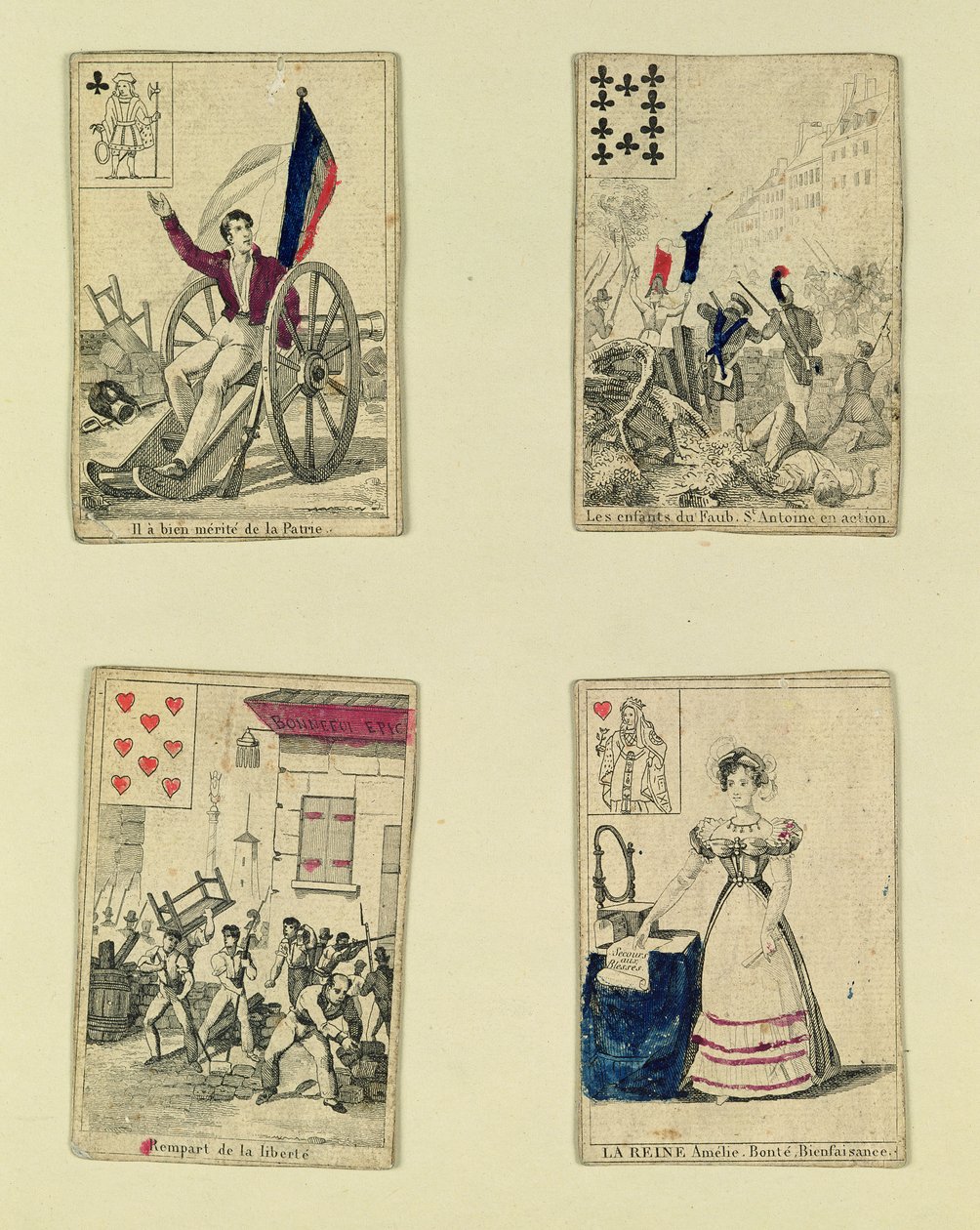 Quatre cartes à jouer commémorant les héros de juillet 1830, 1831 - French School