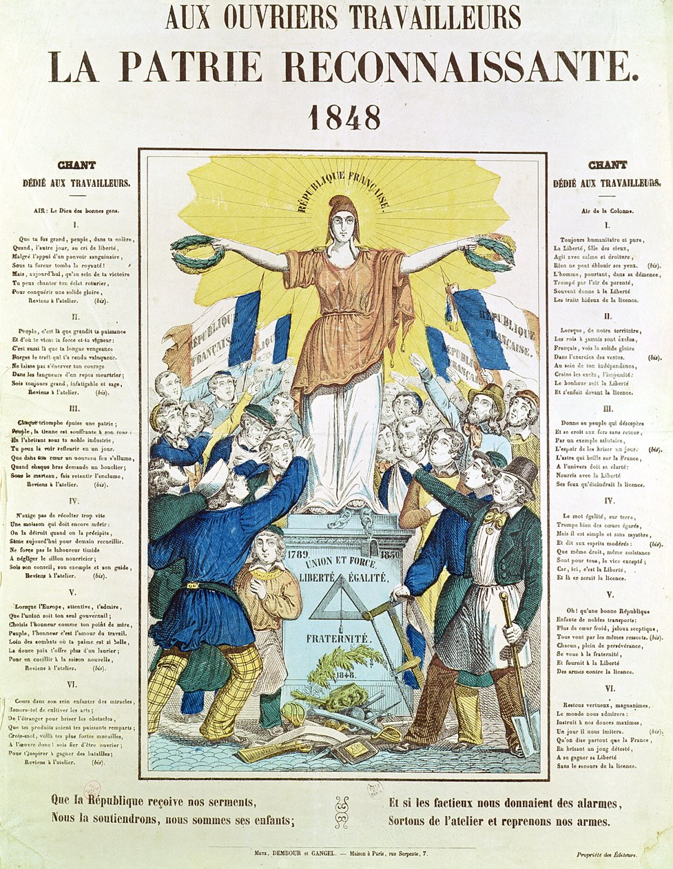 Feuille lyrique illustrée pour une chanson dédiée aux travailleurs, 1848 - French School