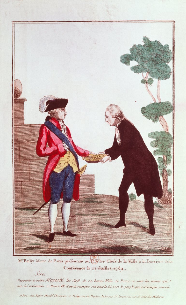 Jean Sylvain Bailly (1736-93) présentant à Louis XVI (1754-93) les clés de la ville de Paris, 17 juillet 1789 - French School