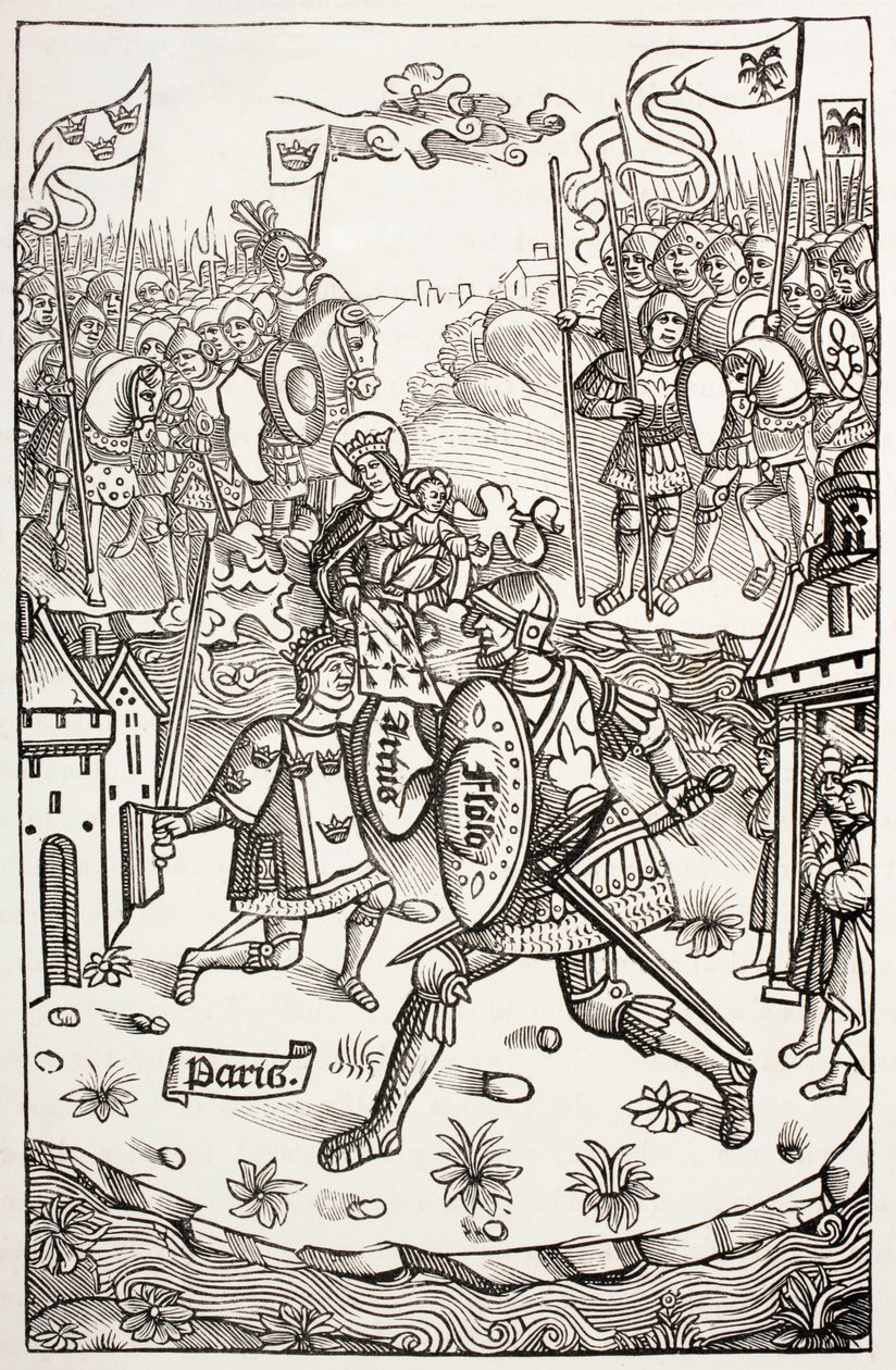 Le roi Arthur, protégé par la Vierge, combattant un géant, de 