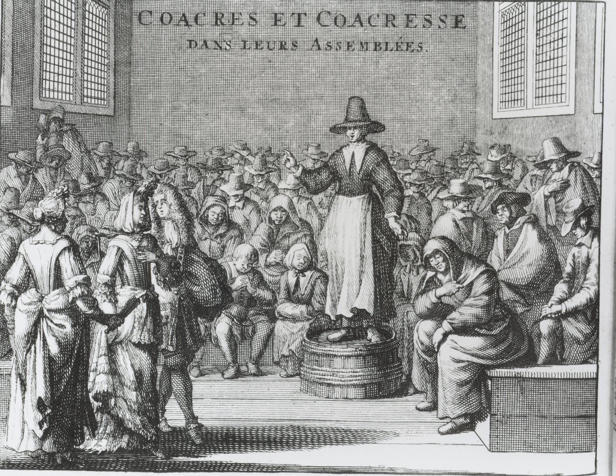 Quakers mâles et femelles à leur assemblée - French School