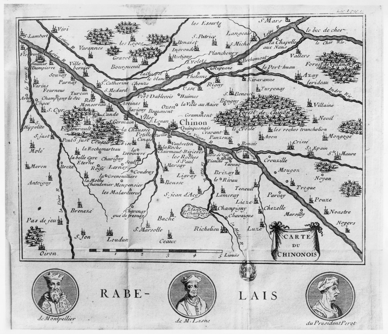 Carte de la région de Chinon liée aux œuvres de François Rabelais, publiée en 1725 - French School