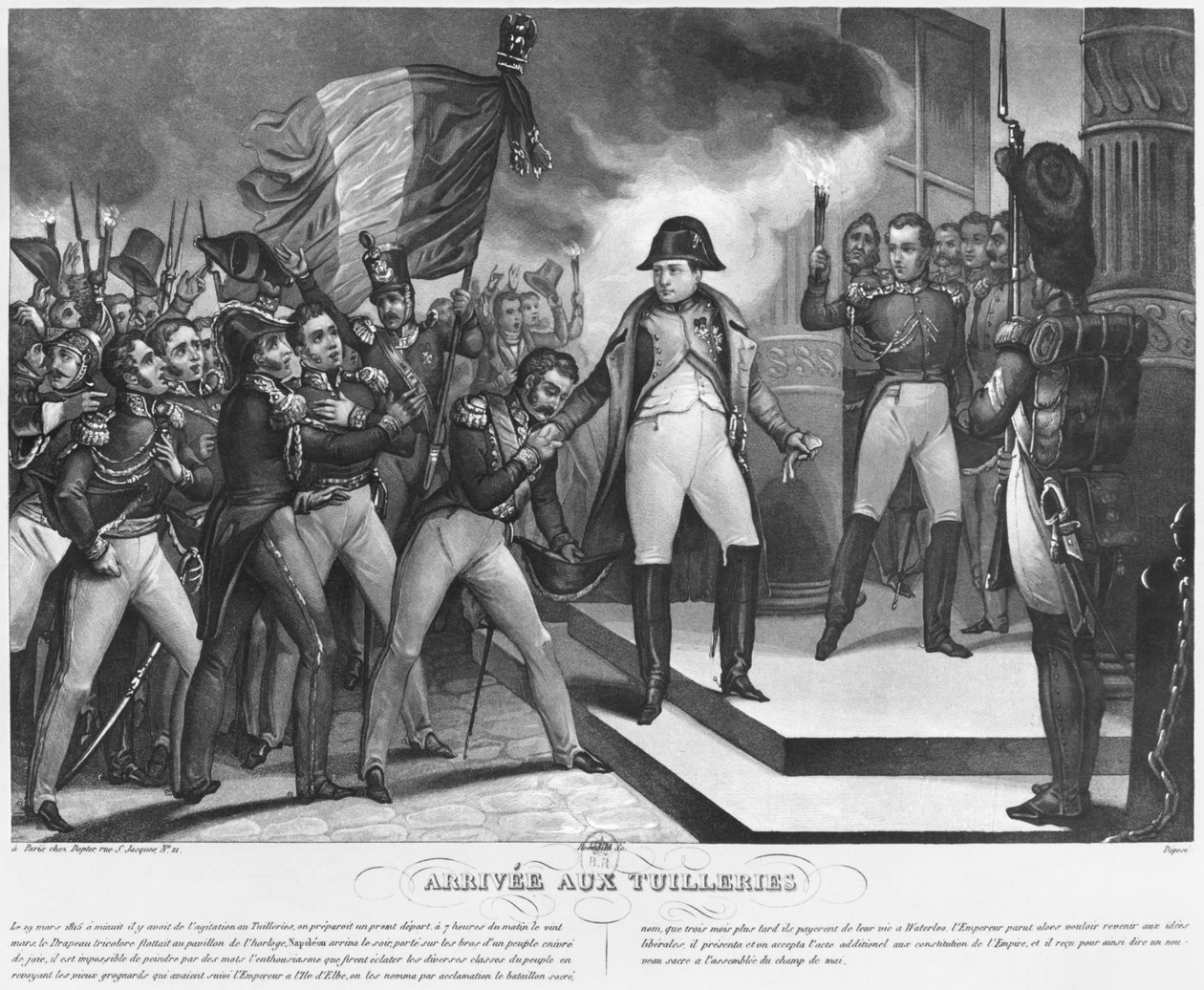 Napoléon Ier (1769-1821) arrivant aux Tuileries le 20 mars 1815, Paris, gravé par Roemhild - French School