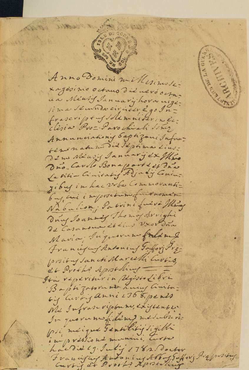 Certificat de naissance de Napoléon, 1769 - French School