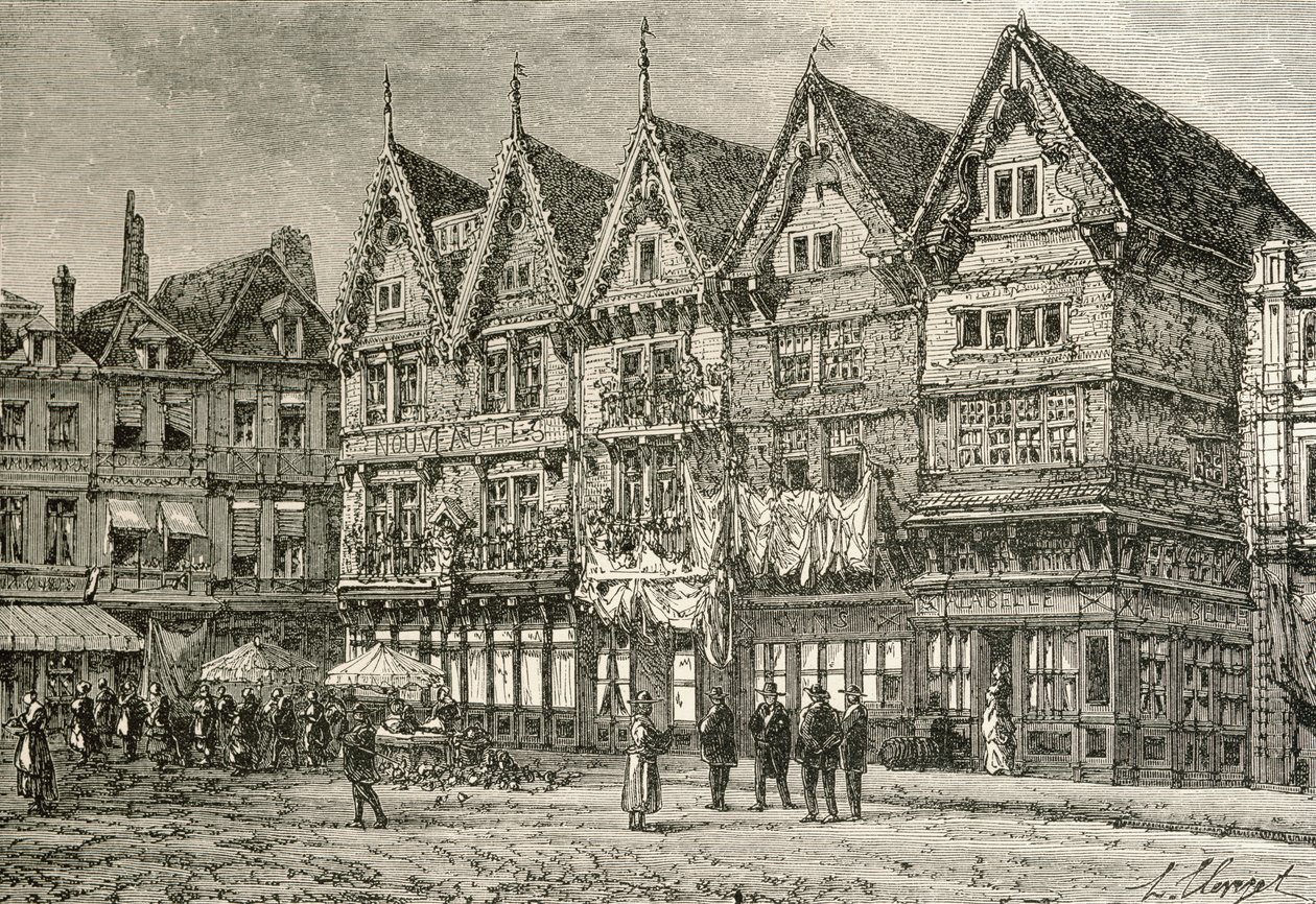 Vieilles maisons à Valenciennes, France, au 19ème siècle, de 