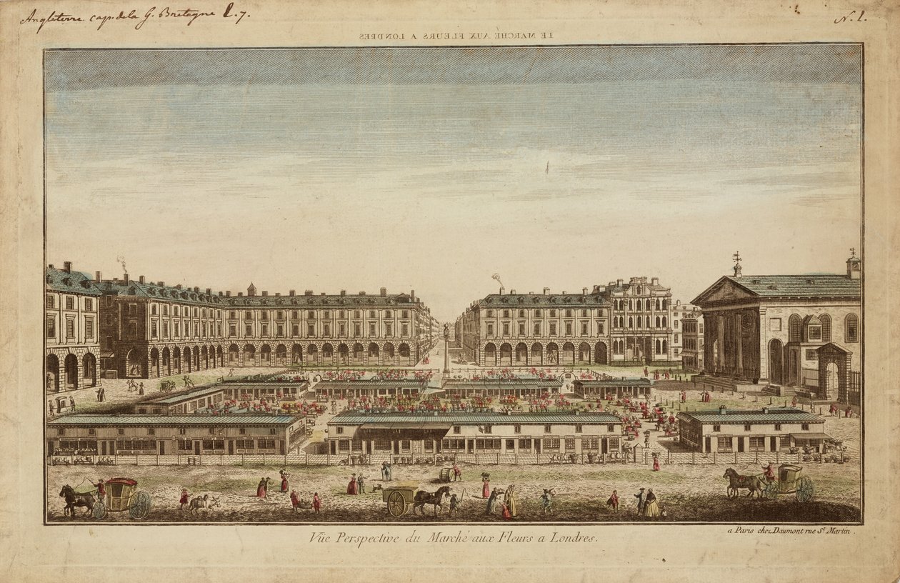 Vue en perspective du marché aux fleurs de Covent Garden - French School