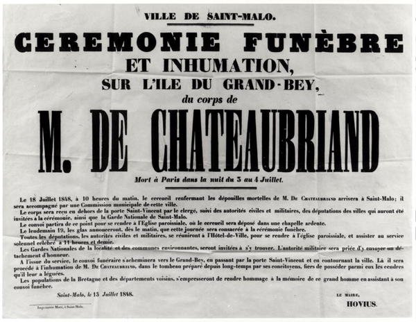 Affiche pour les funérailles de François René de Chateaubriand (1768-1848) à Saint-Malo le 18 juillet 1848 - French School