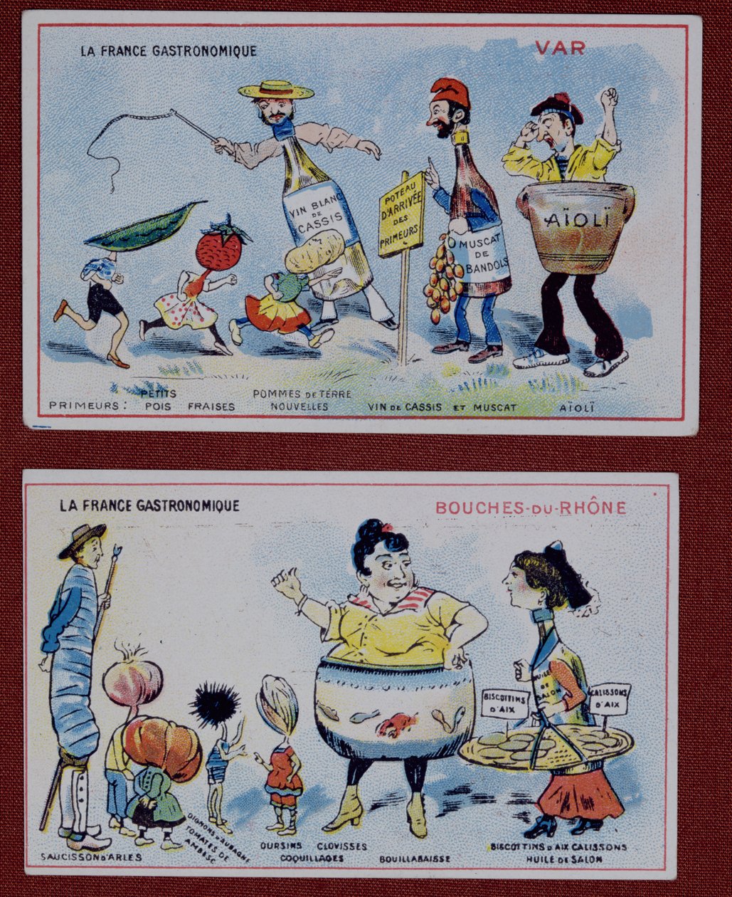 Cartes promotionnelles et éducatives pour enfants représentant les spécialités alimentaires des régions du Var et des Bouches-du-Rhône, vers 1910 - French School
