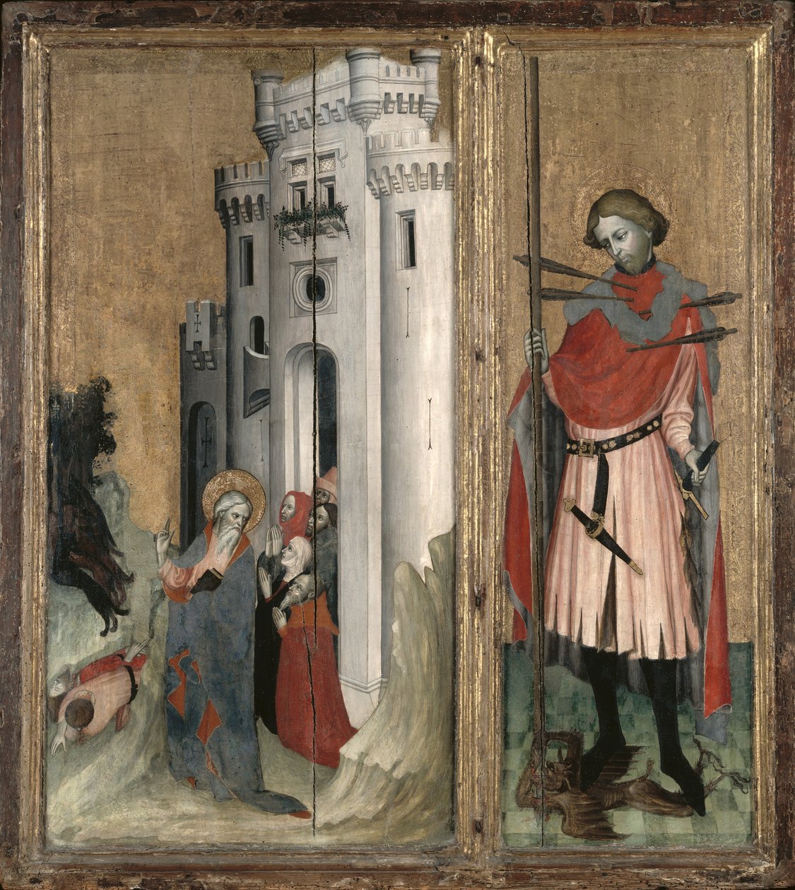 Saint André chassant les démons de la ville de Nicée et Saint Sébastien, panneau droit du retable de Thouzon, École de Provence - French School