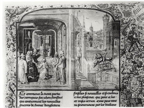 T.III fol.1 Froissart reçu à Orthez par le Comte Gaston de Foix, à qui il remet la lettre de Guy de Blois, de la Chronique de Froissart - French School