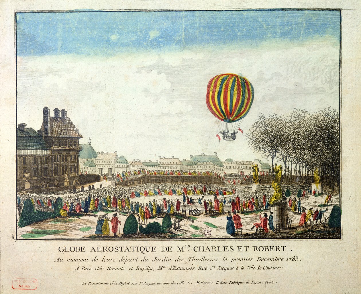 La fuite de Jacques Charles (1746-1823) et Nicholas Robert (1761-1828) du Jardin des Tuileries, 1er décembre 1783 - French School