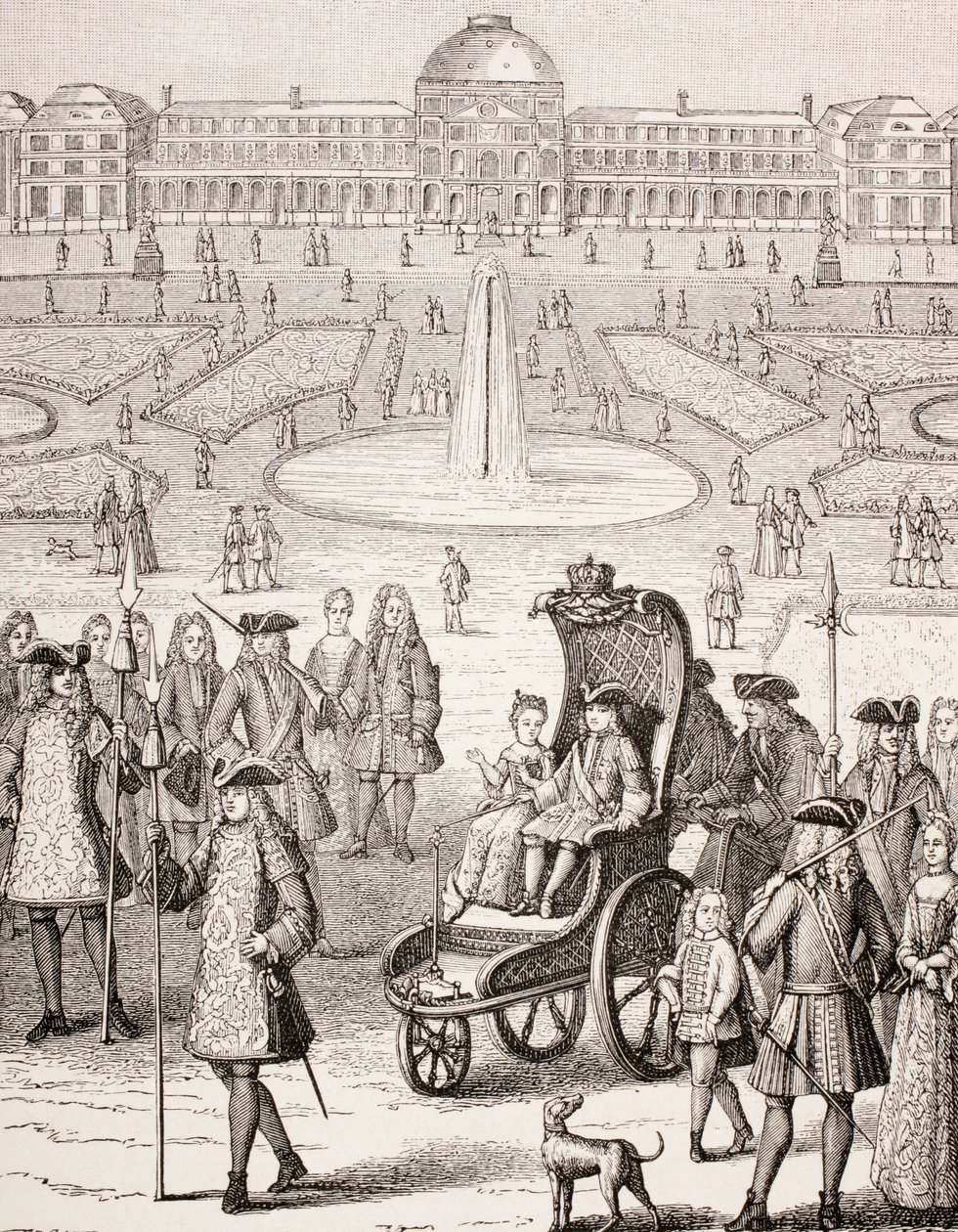 Le jeune roi Louis XV se promenant en calèche dans les jardins des Tuileries, Paris, tiré de 