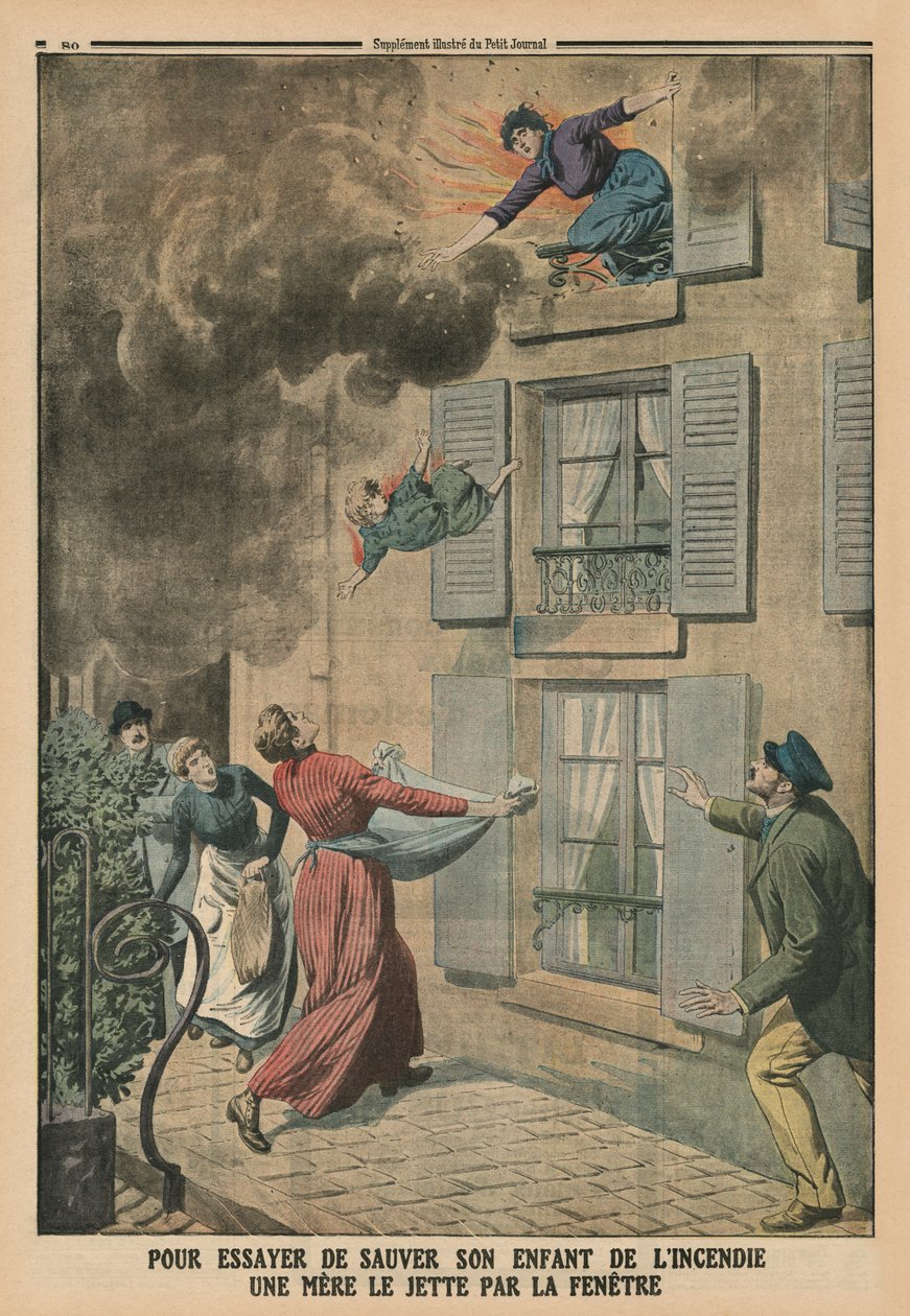 Essayant de sauver son enfant du feu, une mère le jette par la fenêtre, illustration de couverture arrière de 