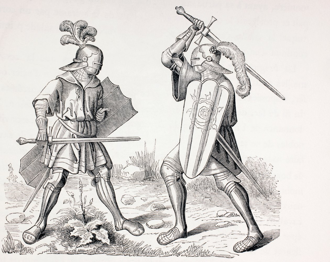 Deux chevaliers en armure complète du XVe siècle combattant avec des épées et des boucliers, de 