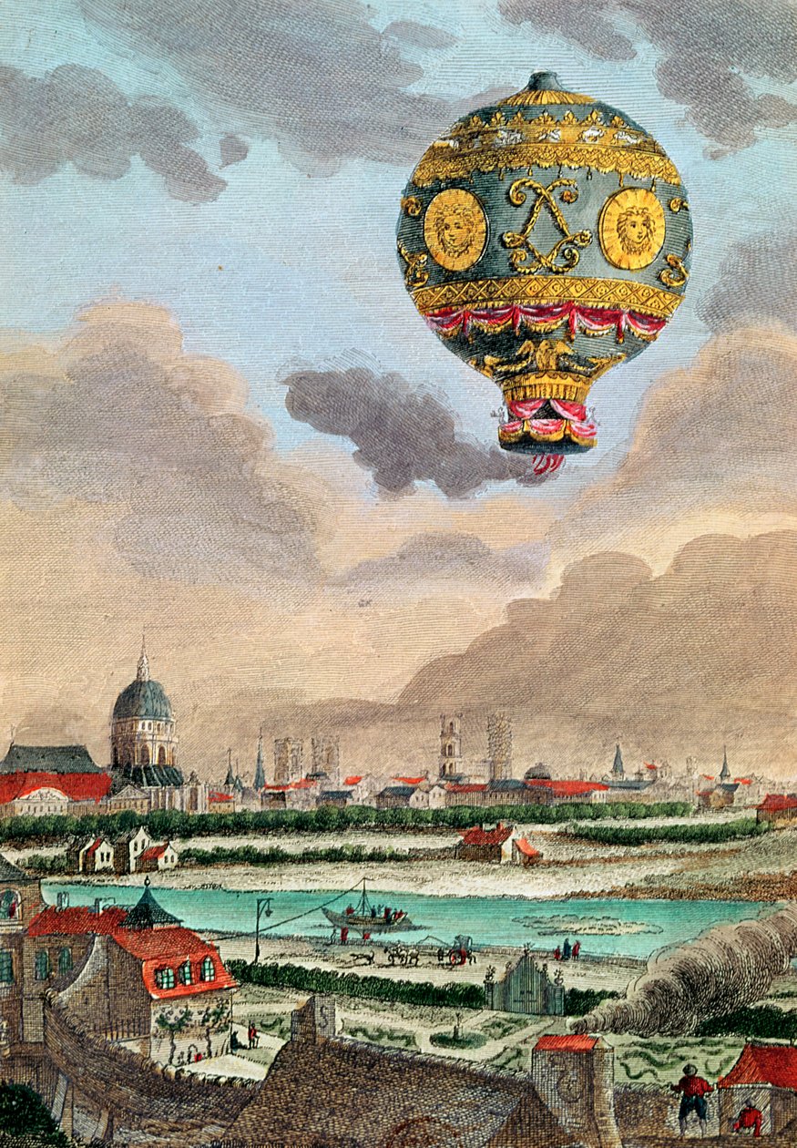 Vue depuis la terrasse de Monsieur Franklin à Passy du premier vol sous la direction de Monsieur de Montgolfier, 21 novembre 1783 - French School