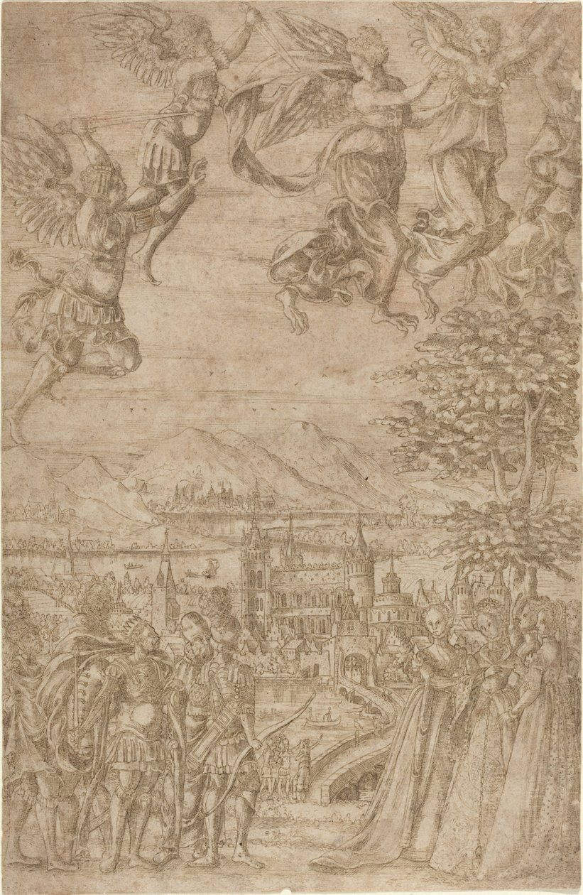 Un roi et sa suite confrontant des dames sous une bataille céleste - French 17th Century