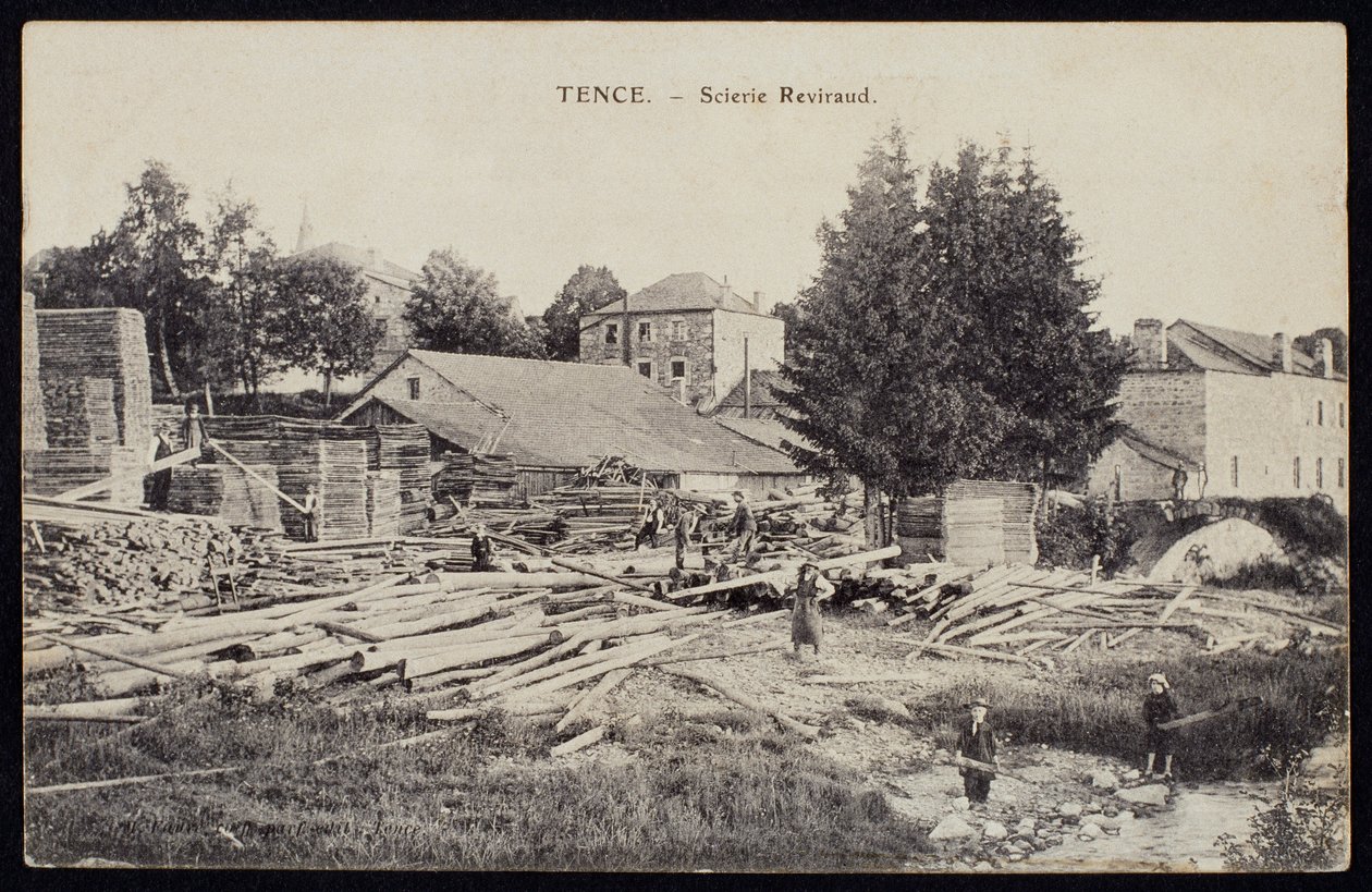 Carte postale représentant la scierie Reviraud à Tence, Haute-Loire, vers 1900 - French Photographer