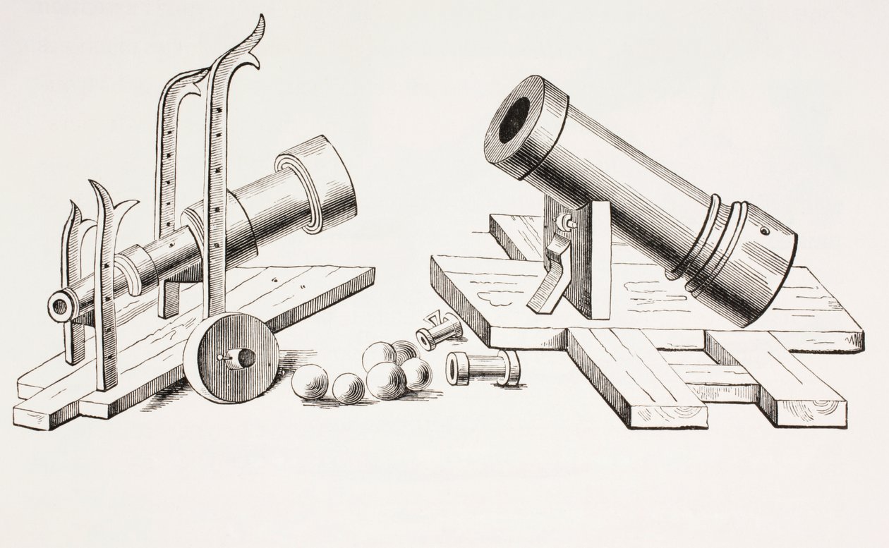 Canons du XVe siècle, avec affût fixe (à droite) et affût roulant (à gauche) de Les Arts au Moyen Âge, publié en 1873 - French School