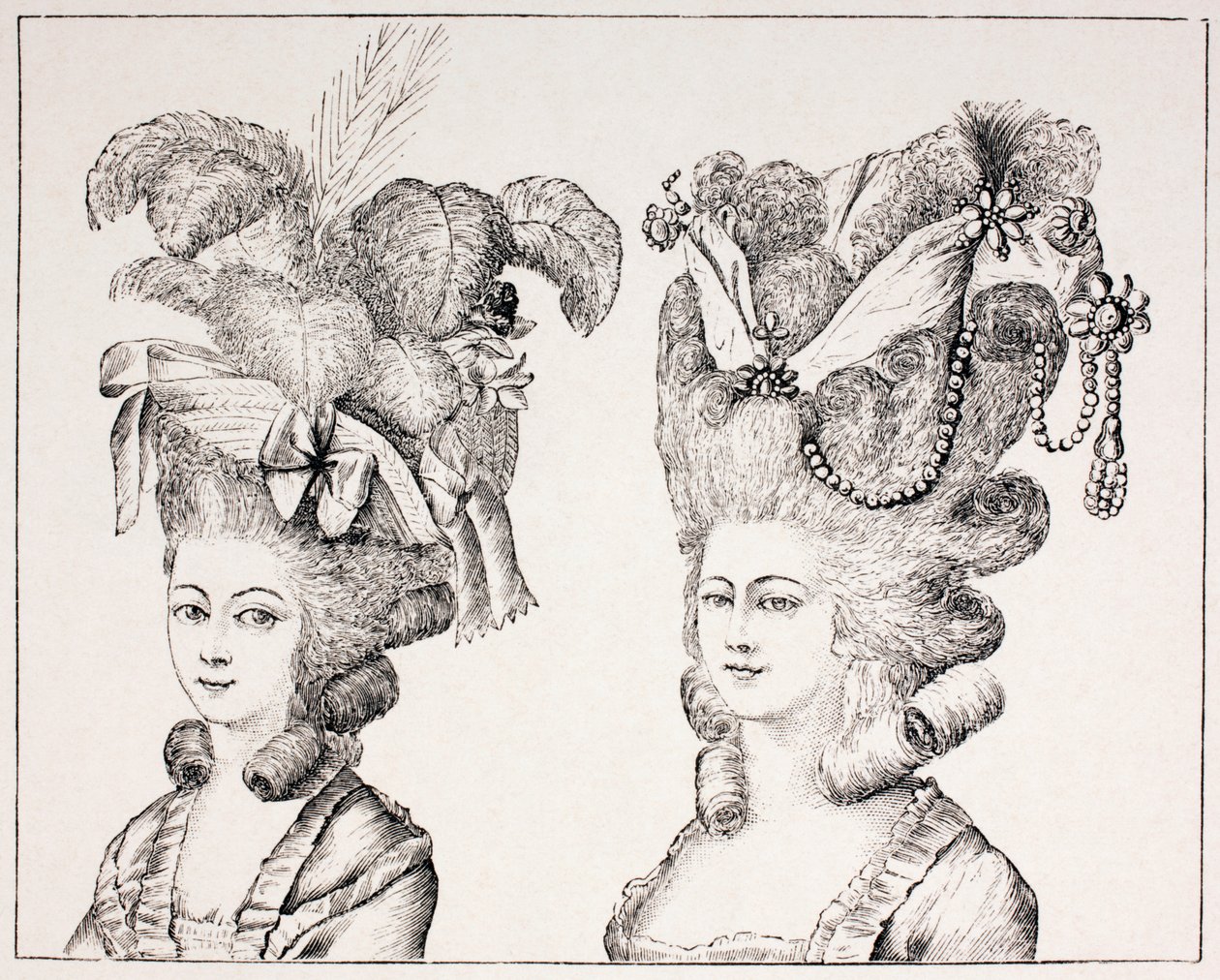 Filles françaises du XVIIIe siècle portant des coiffures et des chapeaux extravagants, 1875 - French School