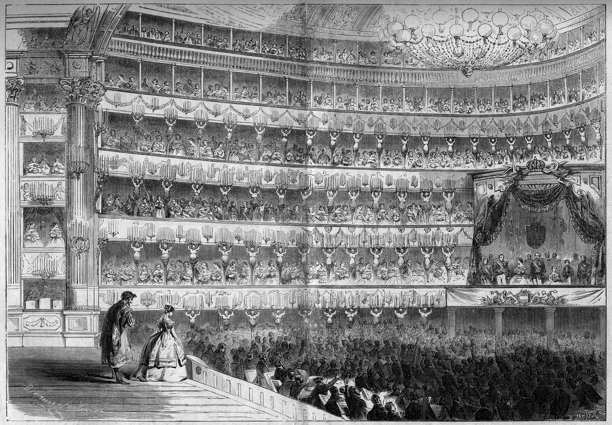 Architecture du XVIIIe siècle : vue intérieure du Théâtre Royal (Teatro Regio) à Turin (Italie) lors d