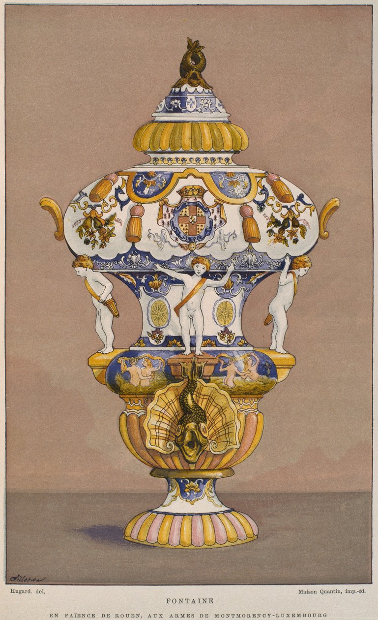 Fontaine en faïence du 18ème siècle avec les armoiries de Montmorency Luxembourg, fabriquée à Rouen, illustration du Dictionnaire de l