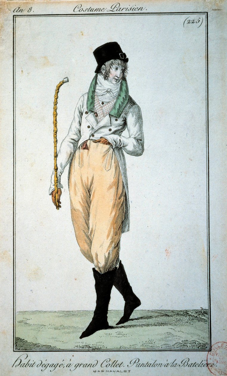Mode du 18ème siècle : Costume parisien avec grand col, pantalons avec bottes. Paris, Musée du Costume - French School