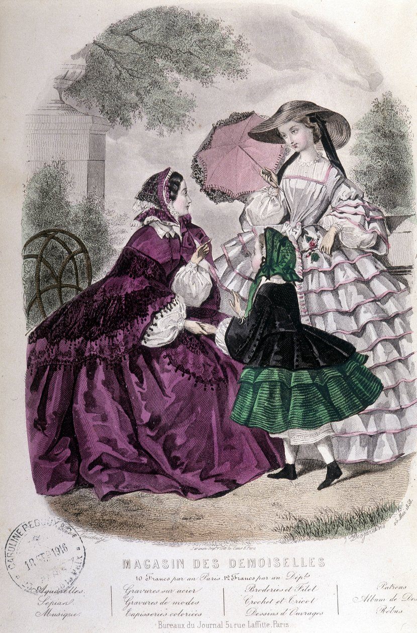 2 femmes et une fille: Mode - dans "Magazine des damoiselles". 1858 - French School