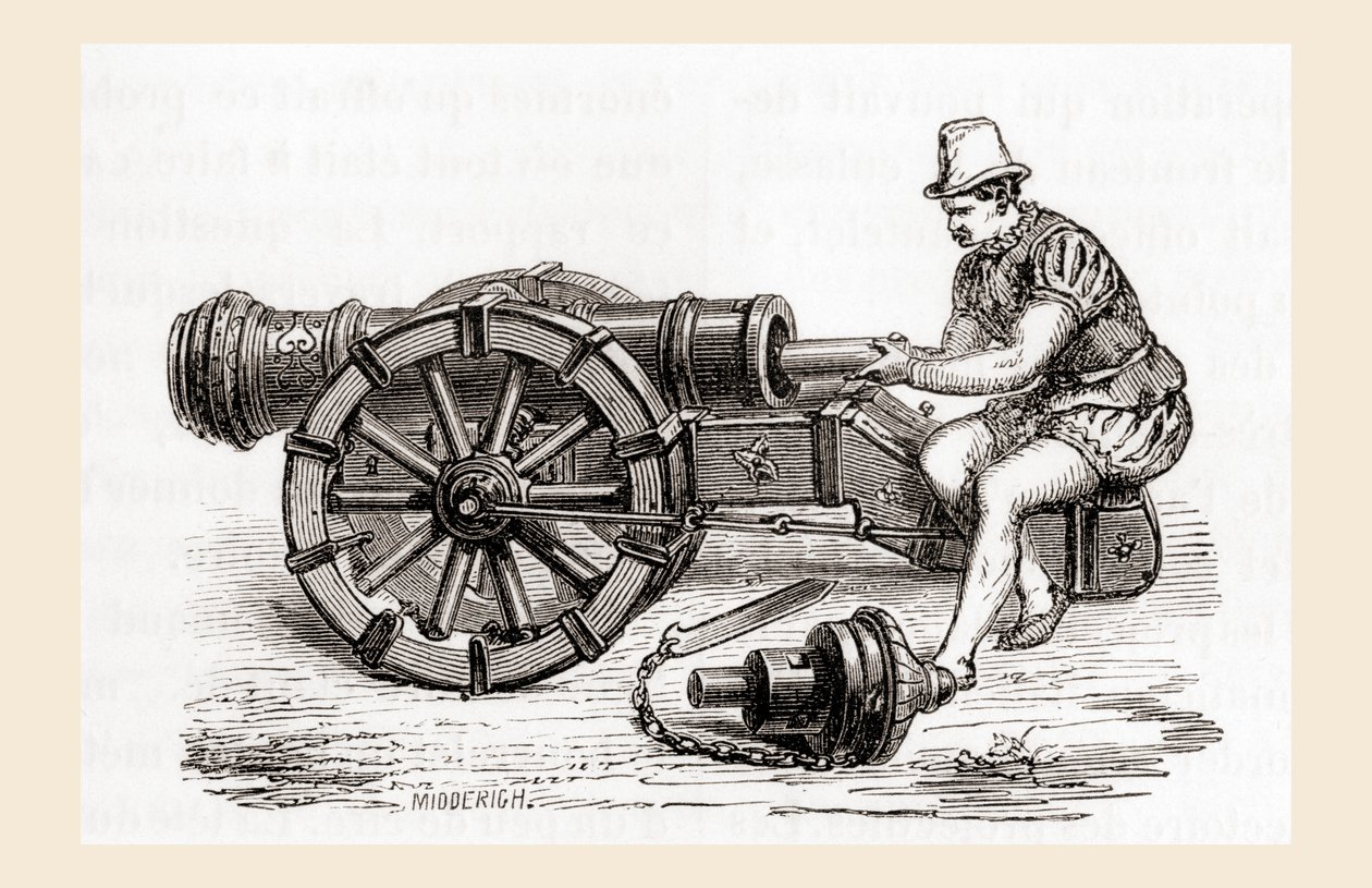 Un canon allemand à chargement par la culasse du XVIe siècle, de Les Merveilles de la Science, publié vers 1870 (gravure) - French School