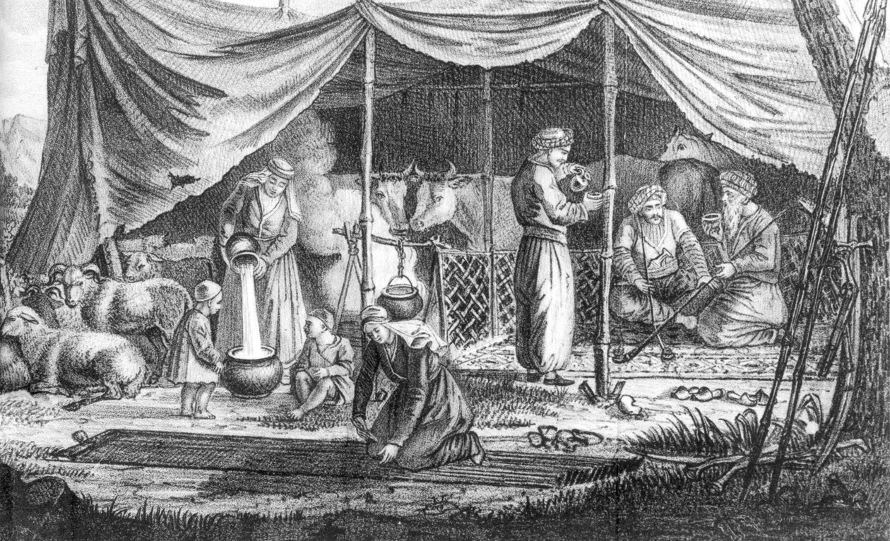 Une famille de nomades kurdes, de Voyage en Perse par Gaspard Drouville, publié en 1825 - French School