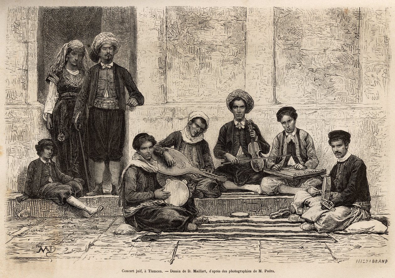 Un orchestre juif, à Tlemcen, composé invariablement de 5 instruments : le rbab monté sur 2 cordes ; le kouistra, une sorte de luth ; le kamendja, ou violon ; le centihr, une sorte de caisse trapézoïdale plate et le derboucha, une sorte de tambourin en ter - French School