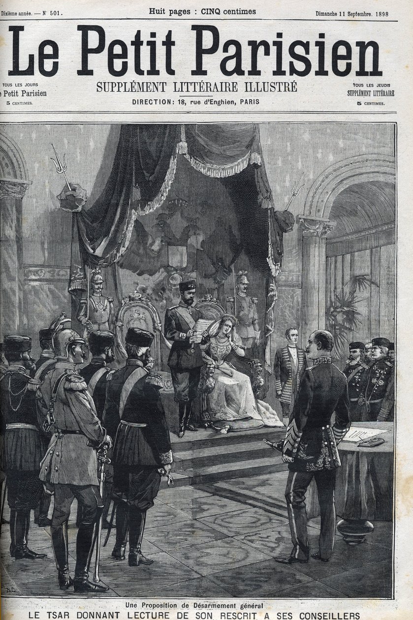 Proposition de désarmement général (faite aux puissances européennes) - Le tsar Nicolas II (1868-1918) lisant son rescrit à ses conseillers. Le Petit Parisien - French School