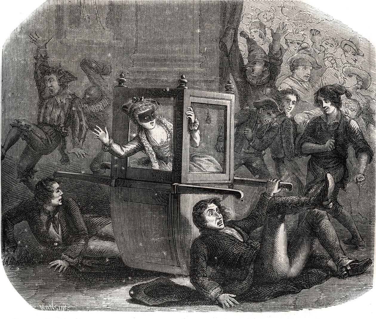 Une bande de farceurs empêche Marie-Thérèse Le Vasseur (1721-1801), en costume pour le Carnaval, d