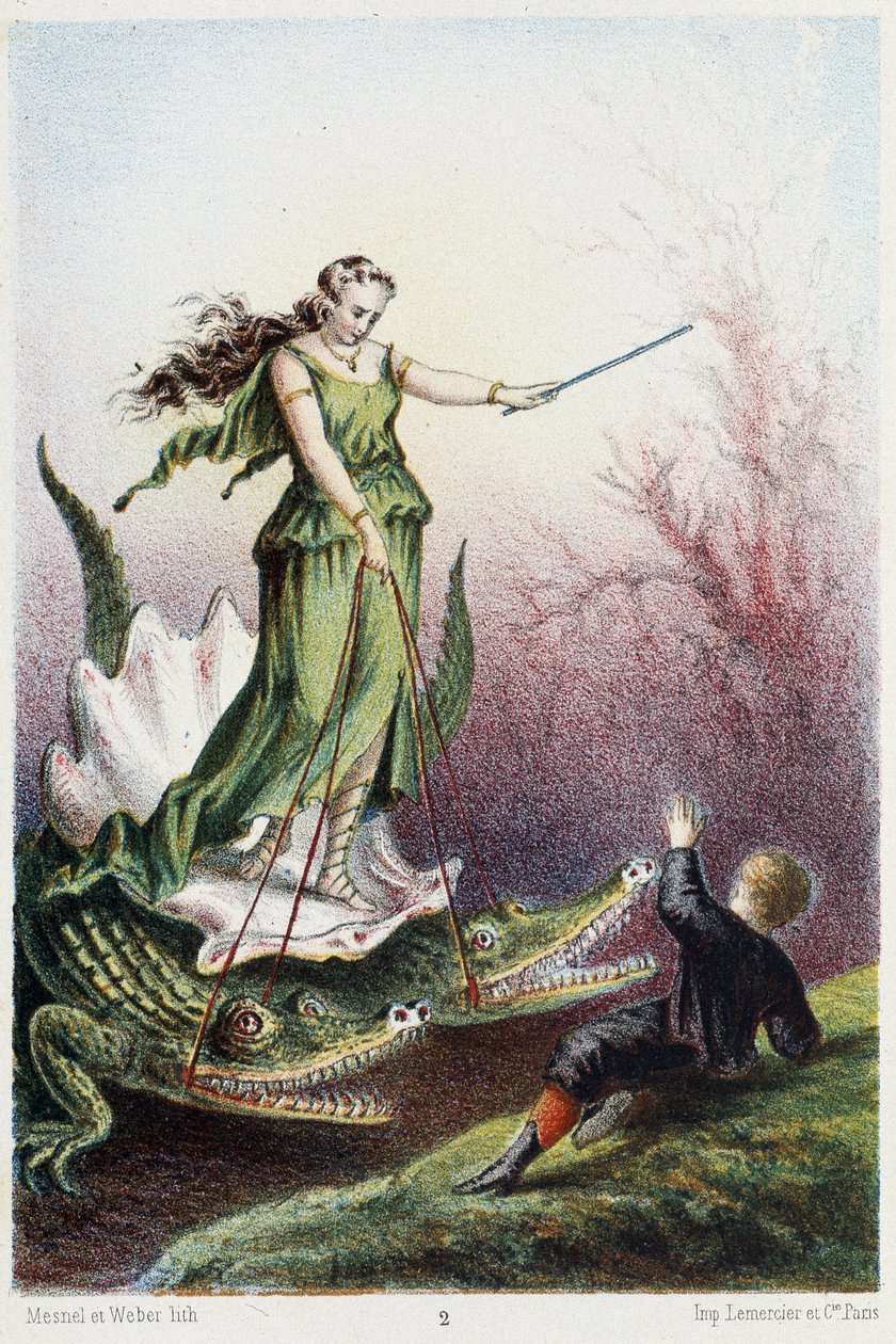 Un garçon devant une femme montée sur un char tiré par deux crocodiles - dans "Voyage au fond de la mer" par H. de la Blanchère. Paris, éd. Jouvet et Cie, sd. 1880. - French School