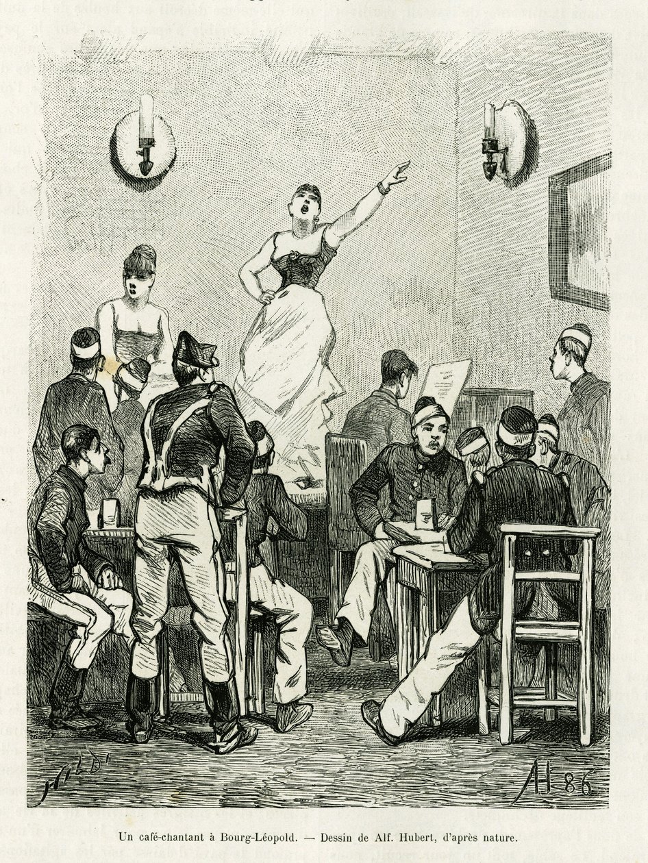 Un café chantant à Bourg Léopold. Gravure par A.Hubert pour illustrer l