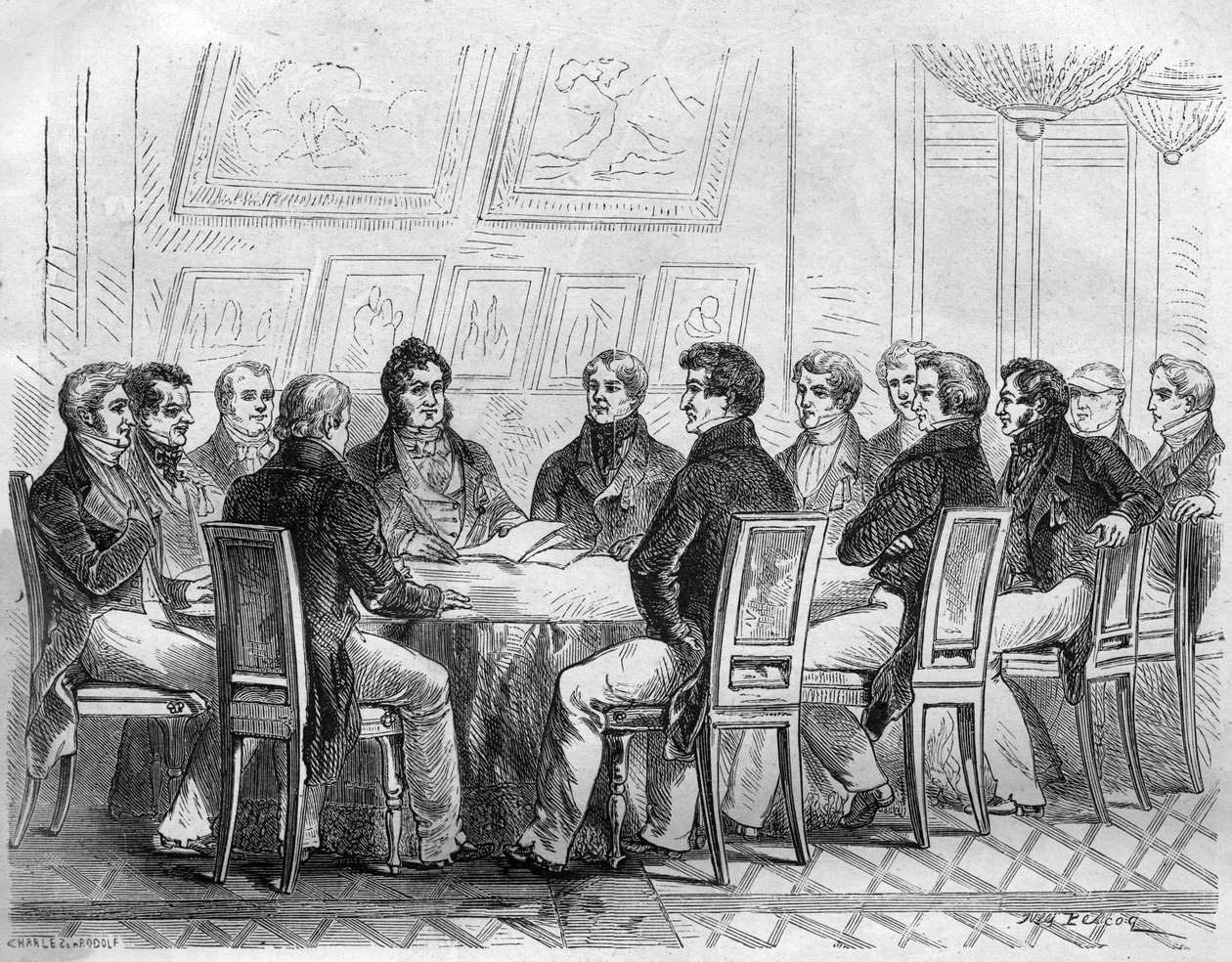 Un conciliable de députés de la bourgeoisie au Palais Royal à Paris sous Charles X et la Restauration. Gravure dans « Histoire des Papes-Rois-Reines et Empereurs à travers les siècles » par Maurice Lachatre - French School