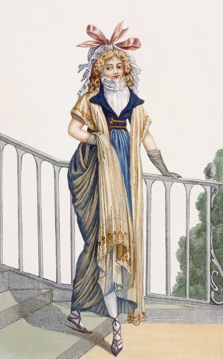 Robe de marche de style campagnard, illustration du Journal des Dames et des Modes, 1797 - French School