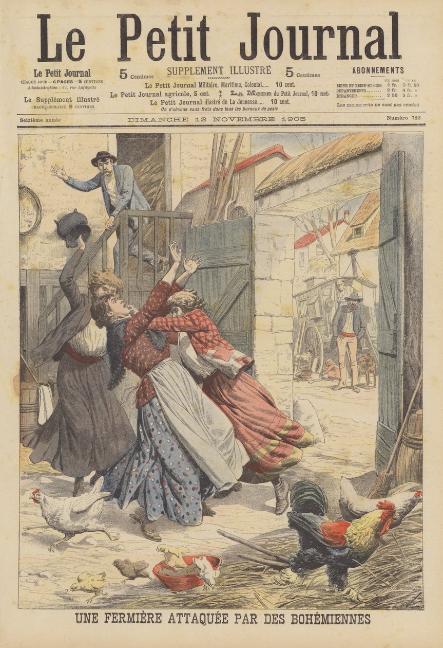 Un fermier attaqué par des gitans (lithographie couleur) - French School