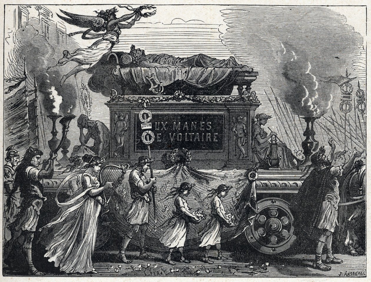 Un char funèbre transportant le corps de Voltaire (François Marie Arouet) - French School