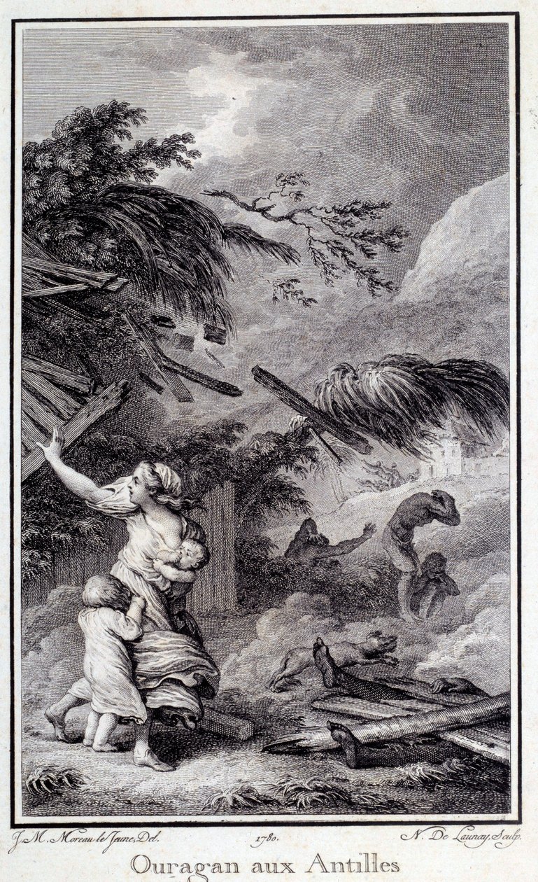 Un ouragan aux Antilles. Gravure de 1780 - French School