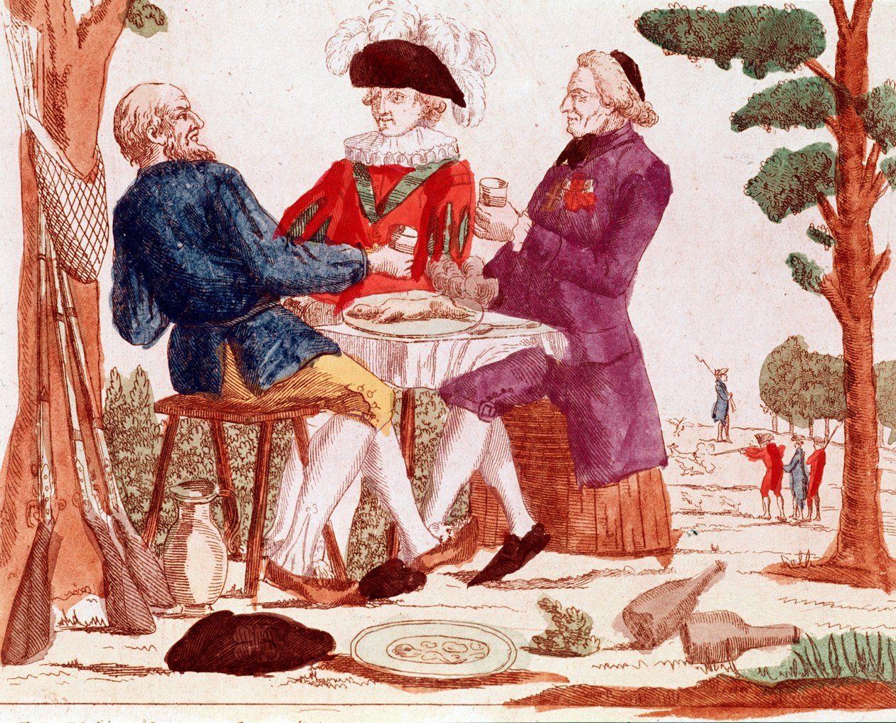 Un paysan (tiers état), un clergé et un aristocrate mangent un lapin ensemble à une table, en arrière-plan à droite une scène de chasse, à gauche, trois fusils, août 1789 (gravure, fin XVIIIe siècle) - French School