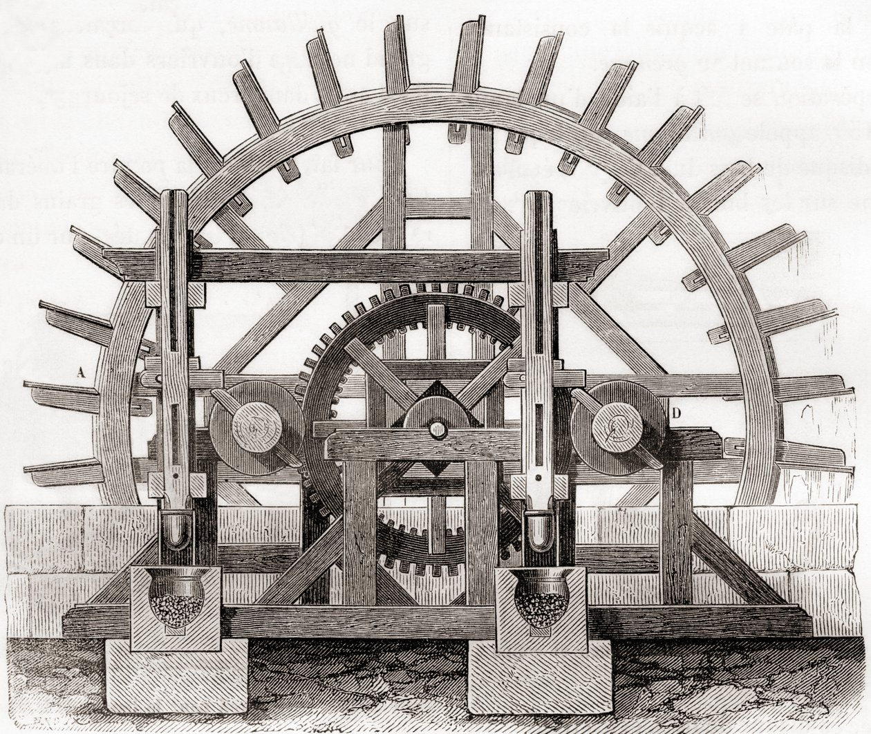 Un moulin à poudre et sa roue à eau, d