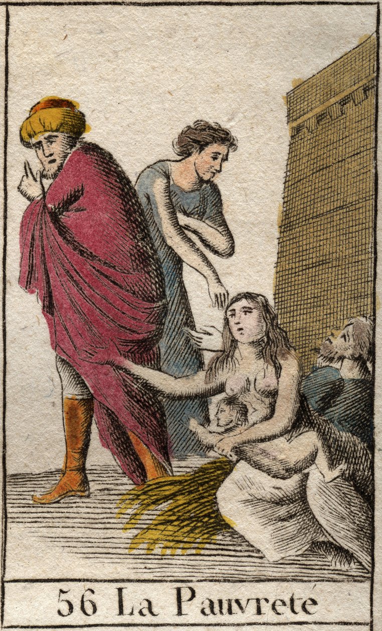 Représentation de la Pauvreté, pieds nus et vêtue de haillons, assise sur de la paille. De « Mythologie de la jeunesse » par Pierre Blanchard 1803. - French School