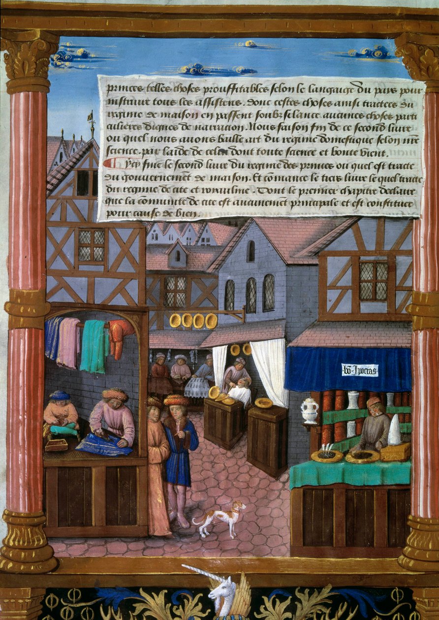 Une rue de Paris avec des échoppes au début du 16ème siècle Page de manuscrit tirée du « Livre du gouvernement des Princes » par Romain Gilles (16ème siècle) Paris, Bibliothèque de l