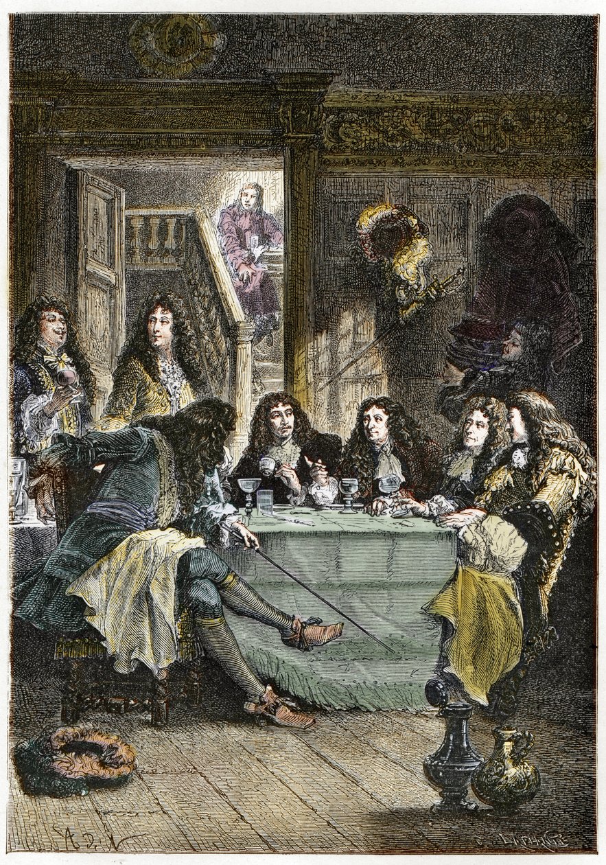 Un salon (Cabaret) réunissant les écrivains français Jean de La Fontaine (1621-1695), Nicolas Boileau-Despréaux (1636-1711), le dramaturge Jean Baptiste Poquelin dit Molière (1622-1673), et le poète Jean Racine (1639-1699) - French School